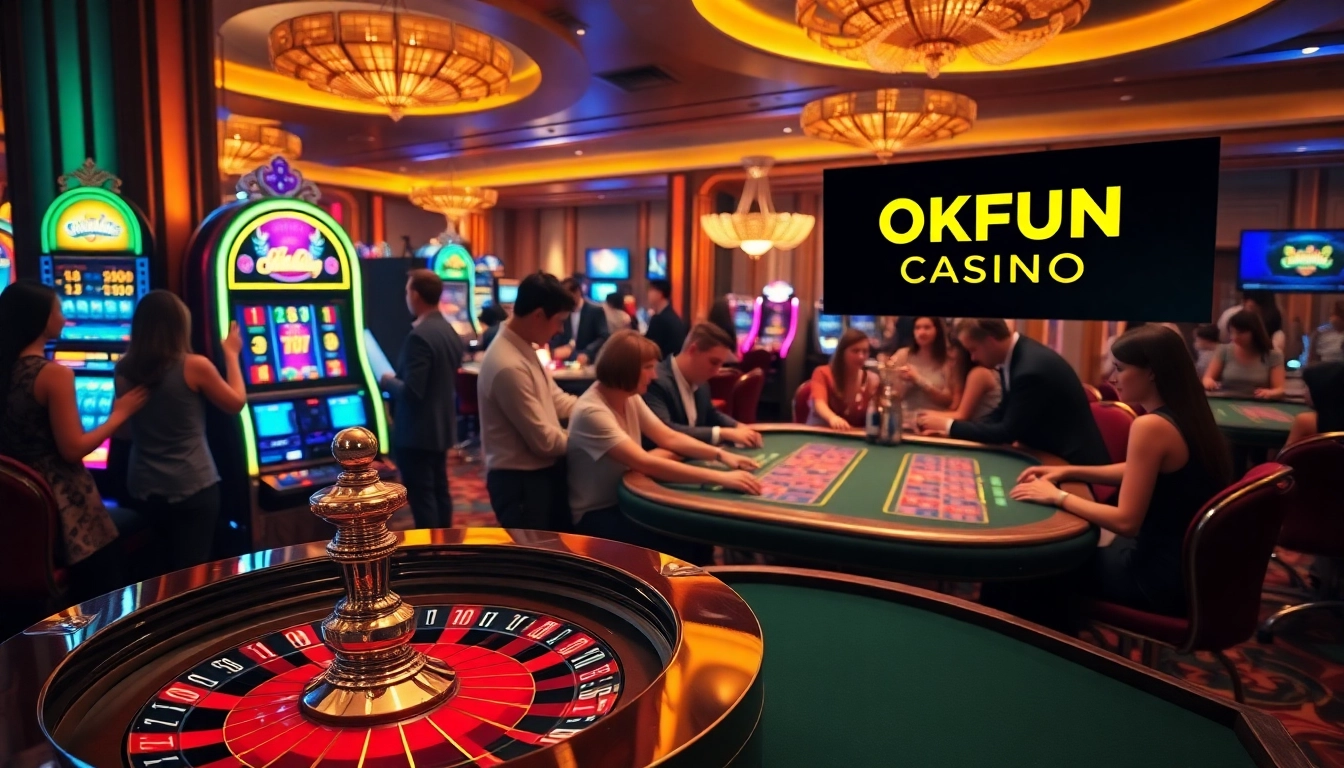 Players enjoying a game at OKFUN Casino's vibrant roulette table, showcasing a thrilling gambling atmosphere.