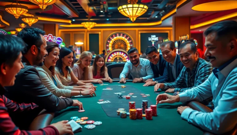 Players at a vibrant poker table in a casino, showcasing thrilling moments; lc88 digital betting slips enhance the excitement.