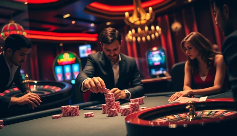 The exciting poker action at https://uu88.ngo/, showcasing vibrant chips and a dealer in a casino setting.