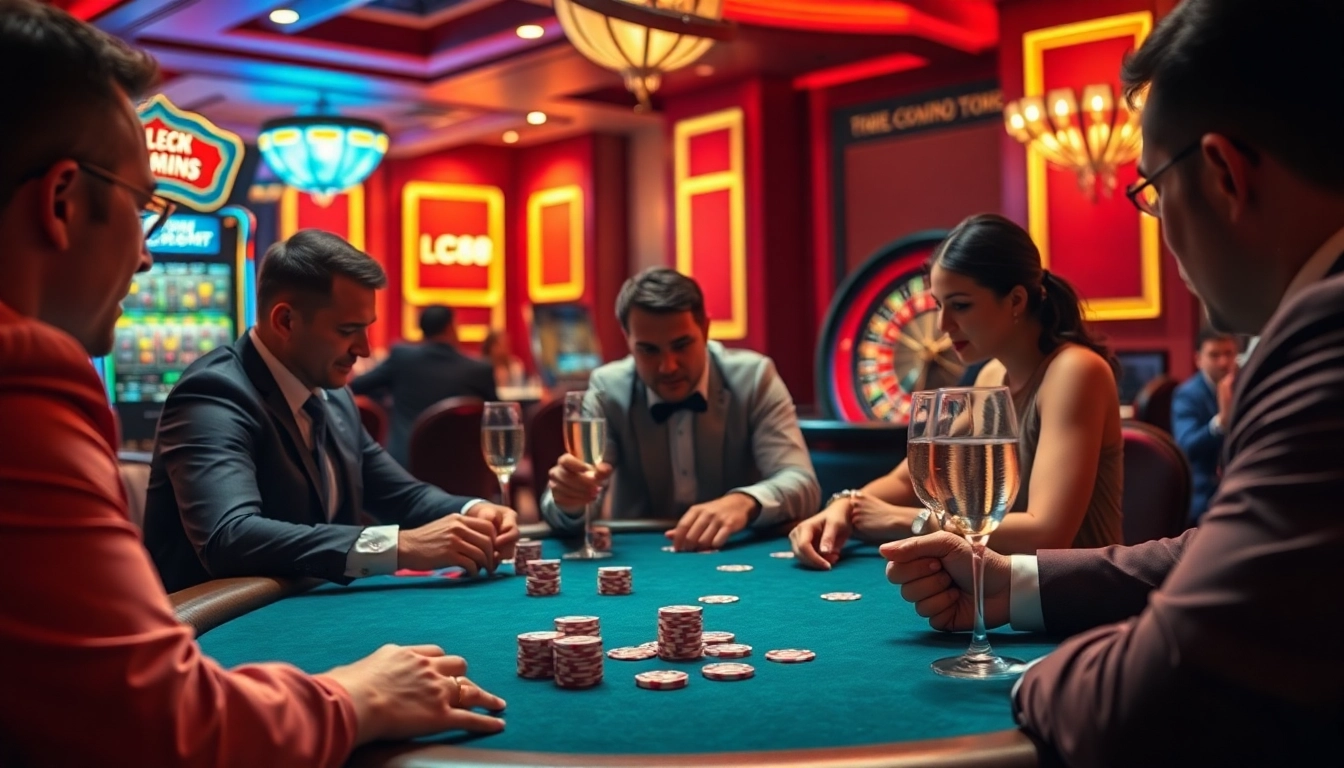 Experience the excitement of a luxurious LC88 casino poker scene, with vibrant chips and players in action.