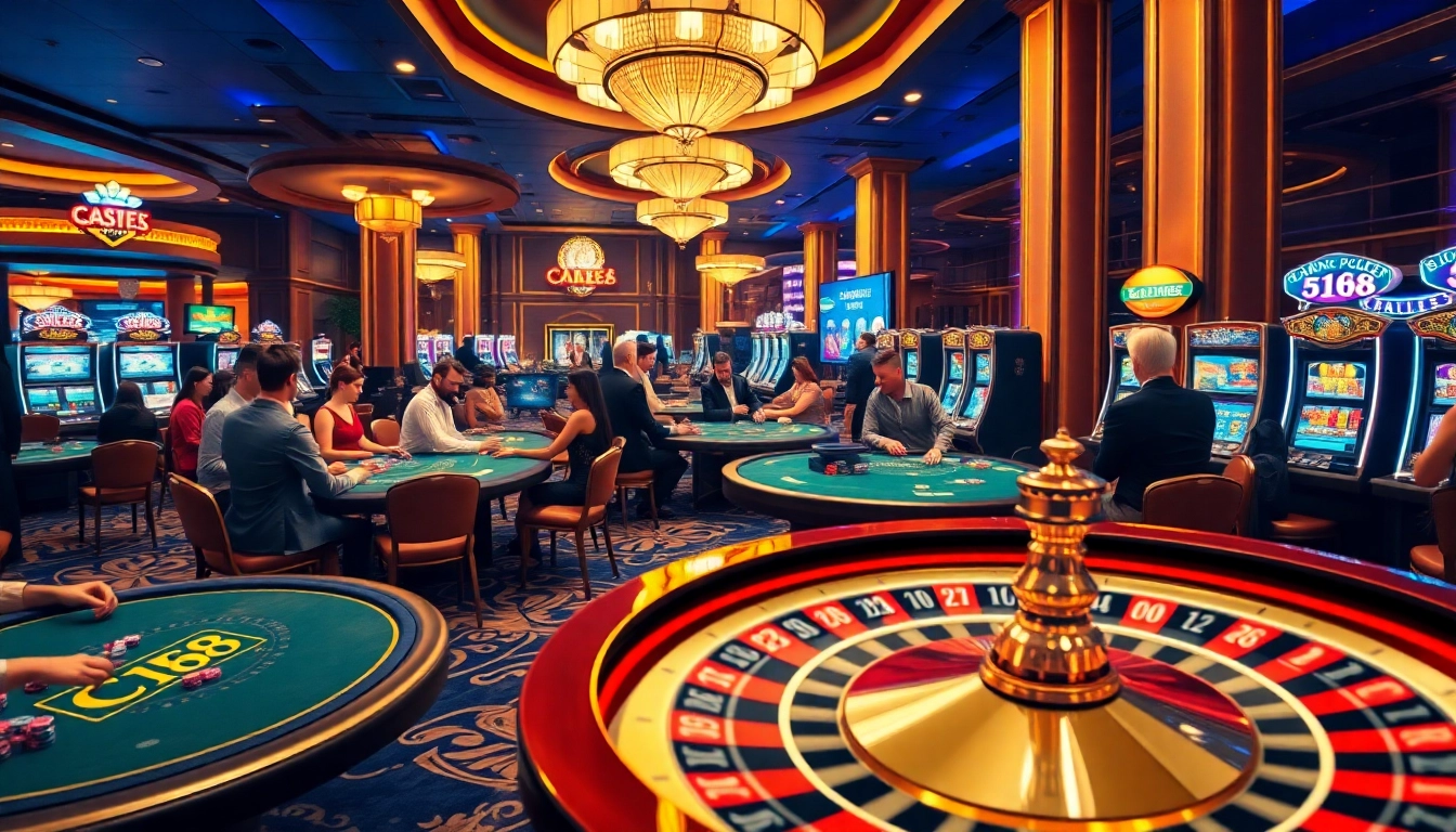 Experience thrilling moments in the casino as players engage with C168-themed tables and vibrant slot machines.