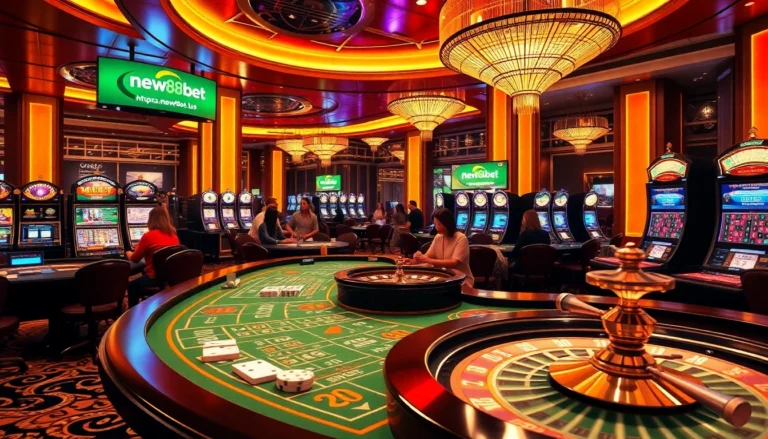 The dynamic chaos of players enjoying their time at the casino, with https://new88bet.us/ seen on digital displays in a lively gambling environment.