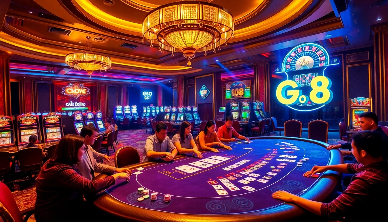 Go8 casino scene depicting players enjoying roulette, cards, and vibrant atmosphere.