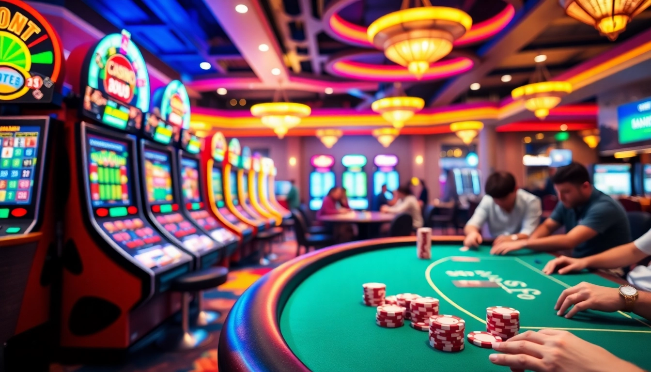 Experience the thrill of f8bet's online casino with players at vibrant poker tables and colorful slot machines.