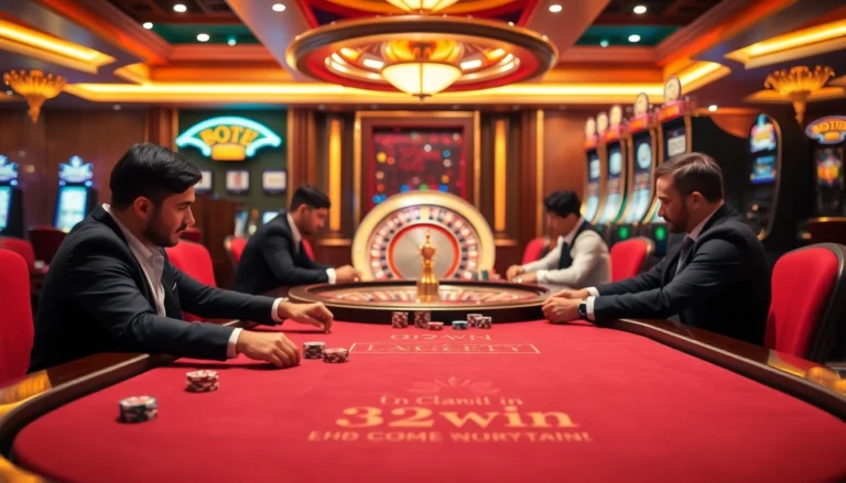 Experience the excitement of 32win with high-stakes poker, bright slot machines, and thrilling roulette action in this luxurious casino setting.
