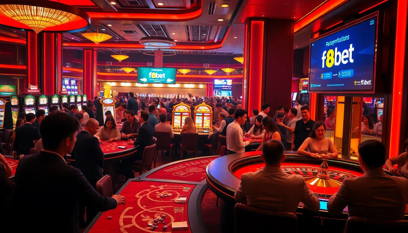 Players enjoying vibrant casino games at f8bet, with colorful slot machines and playing cards, creating an electrifying atmosphere.