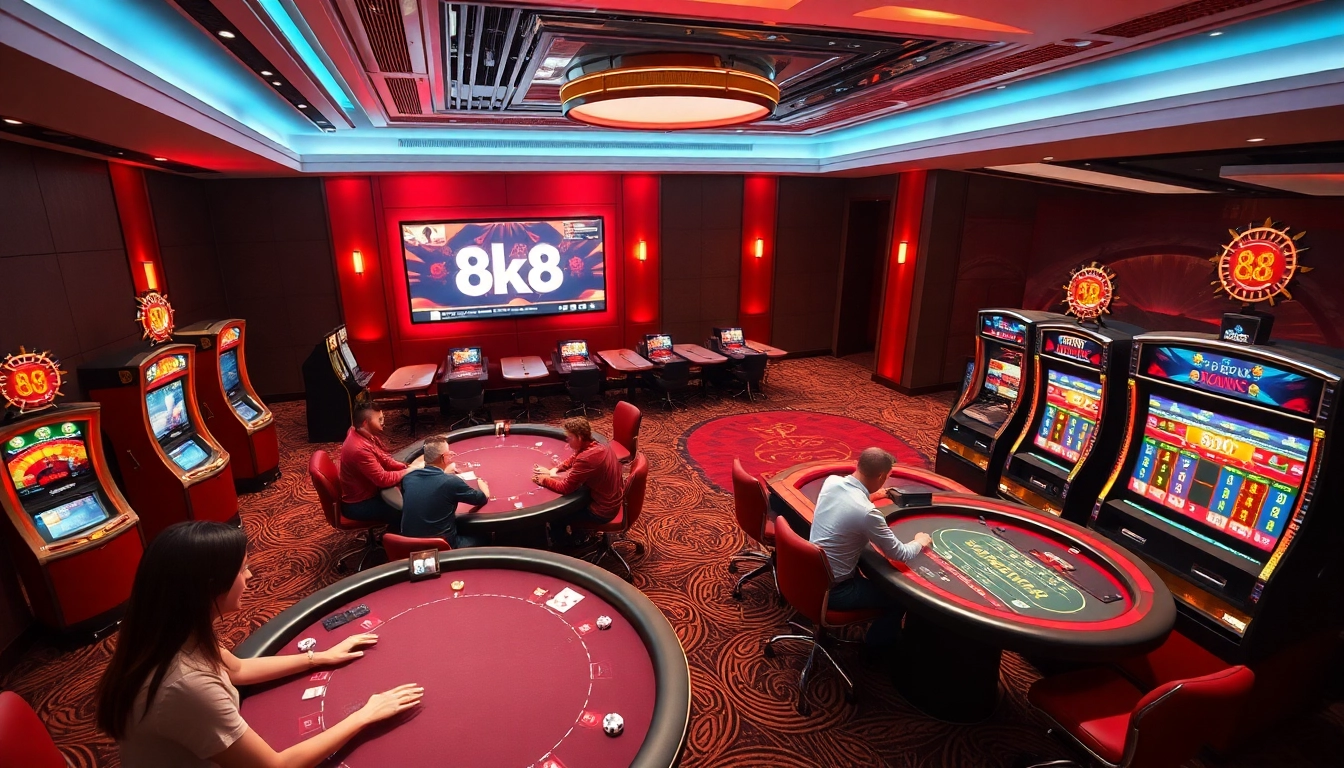 Experience the excitement of 8k8 online casino with live poker tables and vibrant slot machines.