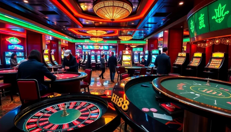 Hi88 casino atmosphere filled with players at roulette and poker tables, showcasing vibrant gambling action.