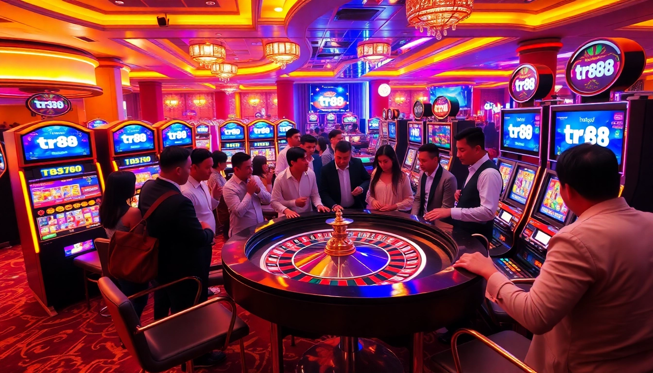 Experience the thrill of tr88 casino action with players at a roulette table, vibrant chips, and exciting slot machines.